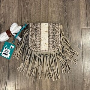 Montana West Cream Genuine Leather Tooled Collection Fringe Crossbody NWT